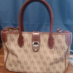 Dooney & Bourke Monogram Tan and Brown Small Double Handle Tote